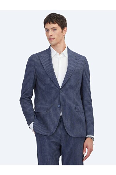 Kip بدلة مخططة باللون الأزرق الداكن من مزيج القطن بتصميم عصري