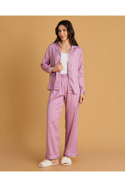 REDTAG Women Mauve Striped Satin Long Pyjama Set