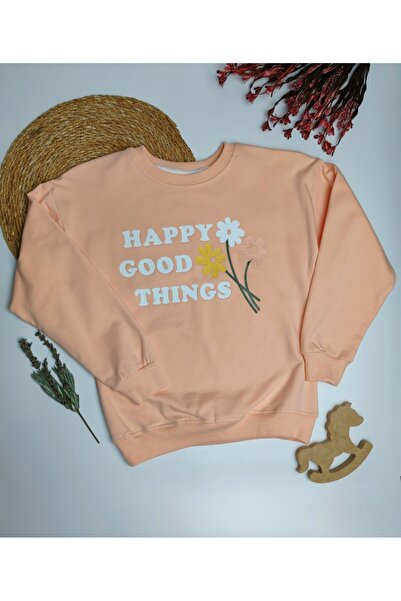 moda rüyası سويت شيرت مطبوع عليه زهور Happy Good Things للفتيات