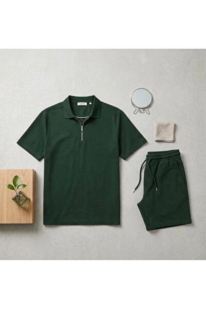 HerTarzınTrendi Vorteks Fabric Shorts and Zippered Polo Collar T-Shirt Set Su...