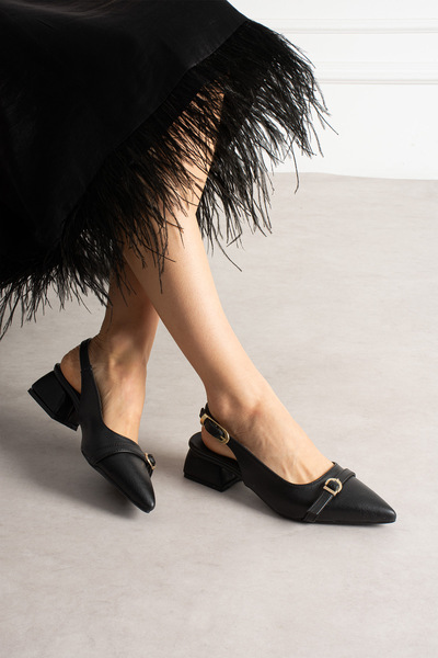 remss 5cm Two Buckle Short Heeled Shoes Skin Black
