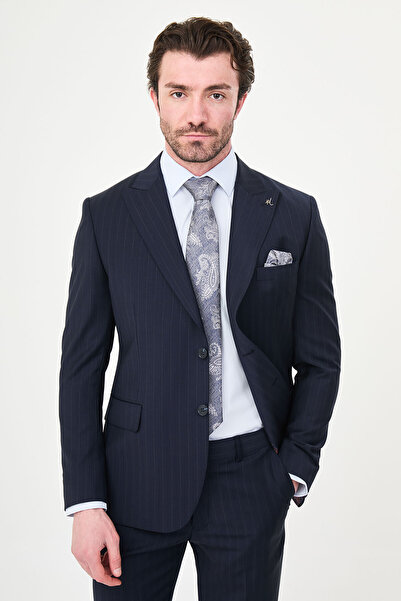 Mcr Striped Slim Fit Wide Collar Premium Wool Men's Suit Navy Blue - 44319.26Y