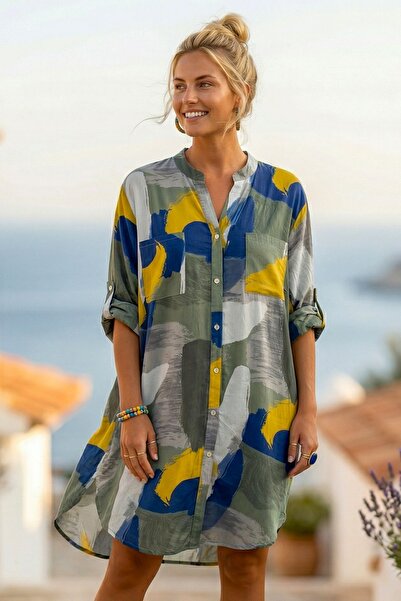 Chiccy Ιταλικό χακί-γκρι φόρεμα με γιακά με κουμπιά, μακρυμάνικο, με διπλές τ...