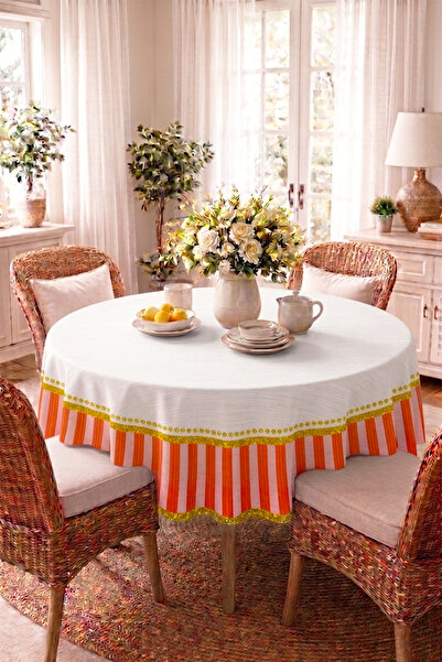 DEKOMOD Yumuşak Dokulu Baskılı Love Pembe Çizgili Yuvarlak Mutfak Salon Bahçe...