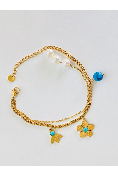 Ustaeller Steel Bracelet Double Chained Blue Beads and Pearl Detail Charmli G...