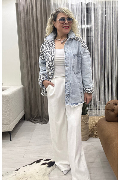 Dila Butik Leopar Detaylı Ön Cepli Kot Ceket