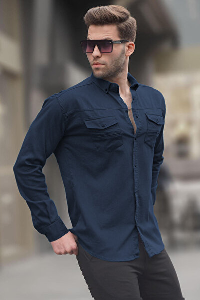 Madmext Ανδρικό πουκάμισο Gabardine σε άνετη γραμμή, σκούρο μπλε, 6810