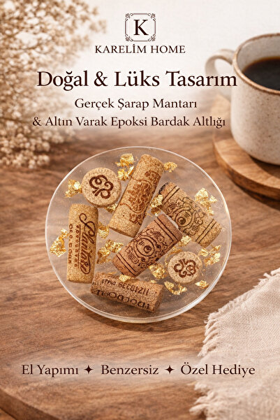 karelim home 4 lü bardak altlığı gerçek şarap mantarı şık tasarım özel seri