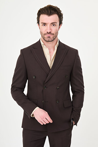 Mcr Straight Slim Fit Wide Collar Double Breasted Men's Suit Brown - 45469.26Y