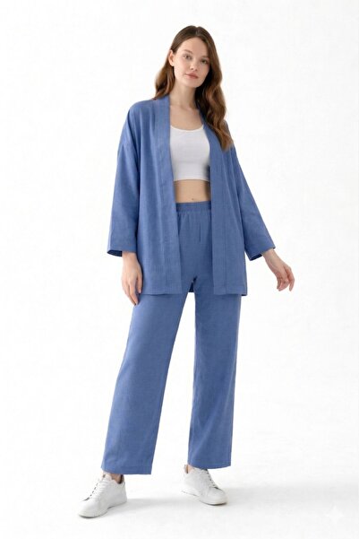 nisaNCa Zen Elegance Women's Kimono Set - Wide-Legged Linen Textured Top and ...