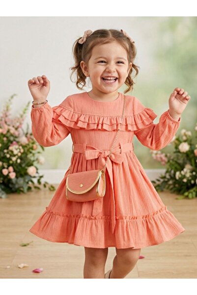 Cherrys Bebek Girl's Dress with Ruffles on the Shoulder