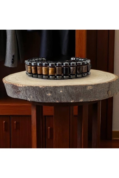 Ezera Ανδρικό βραχιόλι Ravi, χειροποίητο με κυλινδρικό Μάτι της Τίγρης και Αι...