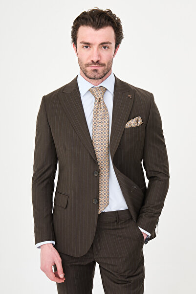 Mcr Striped Slim Fit Wide Collar Premium Wool Men's Suit Brown - 44319.26Y