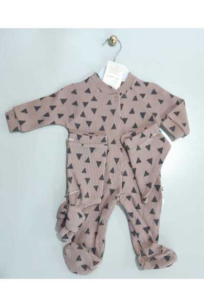 Sönmez Baby Pyramid Pattern Waffle Combed Cotton Jumpsuit Three Piece Set Bab...