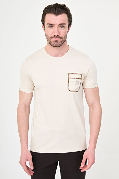 Mcr Plain Slim Fit Crew Neck Patterned Bi-Stretch Interlock Men's T-Shirt Bei...