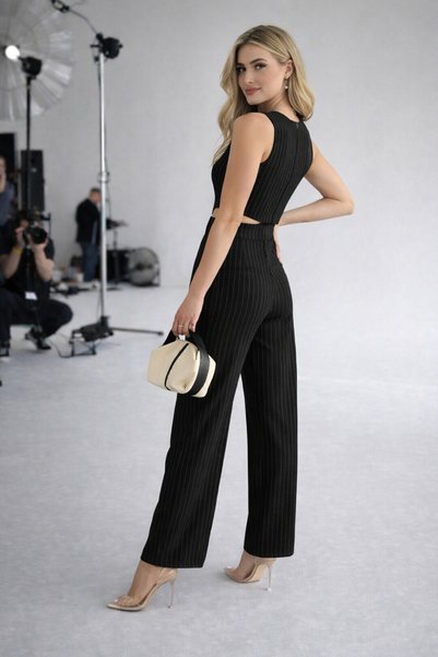 MİRA BUTİK Women's Black Palazzo Trousers Buttoned Short Crop Vest Double Striped Set
