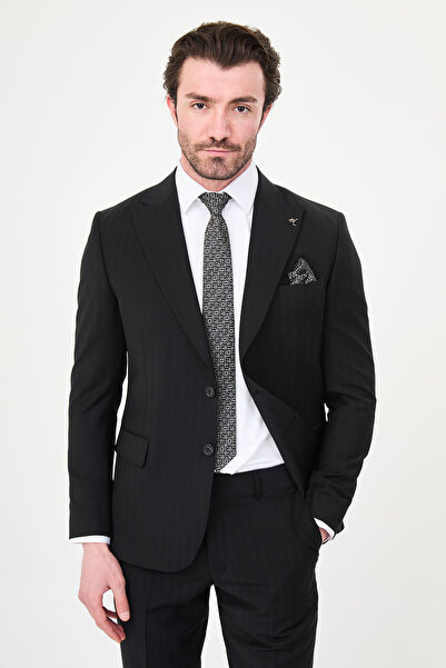 Mcr Striped Slim Fit Wide Collar Premium Wool Men's Suit Black - 44319.26Y