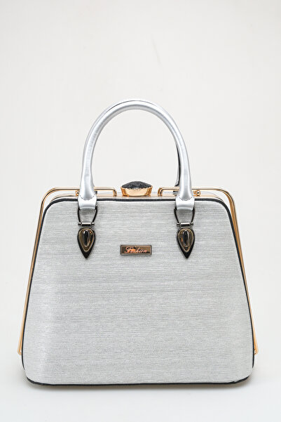 FEMME Γυναικεία ασημένια τσάντα χειρός Σκληρή θήκη με χρυσή λεπτομέρεια, κομψ...