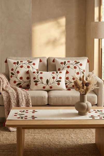Destiva Home Punch Embroidered Daisy Patterned Throw Pillow Runner Set 2 Square Pillows 1 Rectangular Throw Pillow 1 Runner Decorative Set