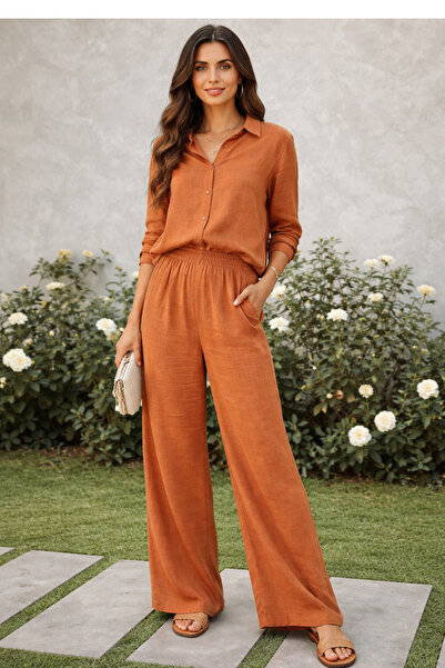 Trend Mixs Tile Linen Suit Women's Shirt Elastic Waist Wide Leg Pants Two-Pie...