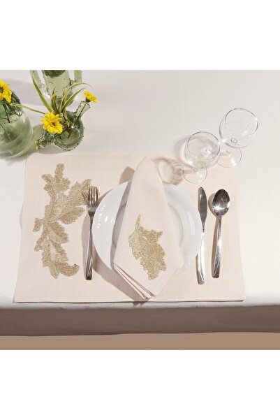 Dakakeen Concept Beige & Gold Lace Linen Tablecloth Set – 12-Piece Elegant Lu...