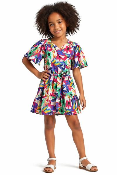 İrem Çocuk Giyim Girl's Wrinkled Fabric Floral Patterned Midi Dress with Shou...