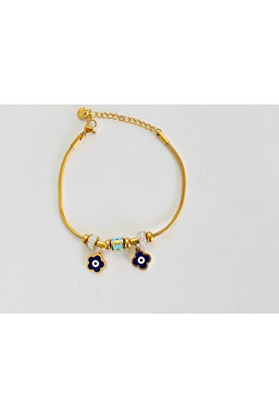 Ustaeller Steel Bracelet Gold Color with Blue Flower Charms 316 L Steel Bracelet