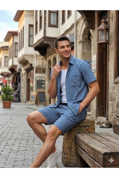 no4 style Textured Sofi̇a Linen 2-Piece Shirt Shorts Set