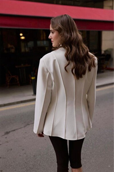 BRTC design Women's White Ribbed Double-Breasted Premium Jacket