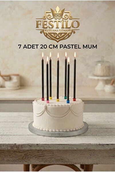 FESTİLO 7'Li Uzun Mum 20 Cm Pasta Mumu Siyah Pastel Renk Parti Malzemeleri Do...