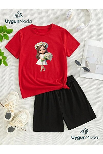 UygunModa Papatyali Girls Printed T-Shirt Shorts Summer Children's Set