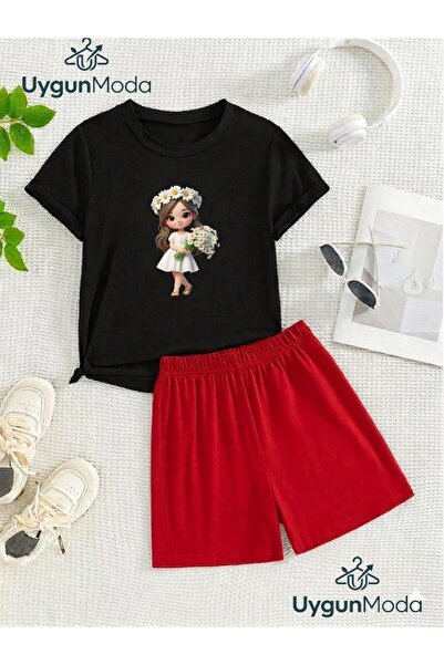 UygunModa Papatyali Girls Printed T-Shirt Shorts Summer Children's Set