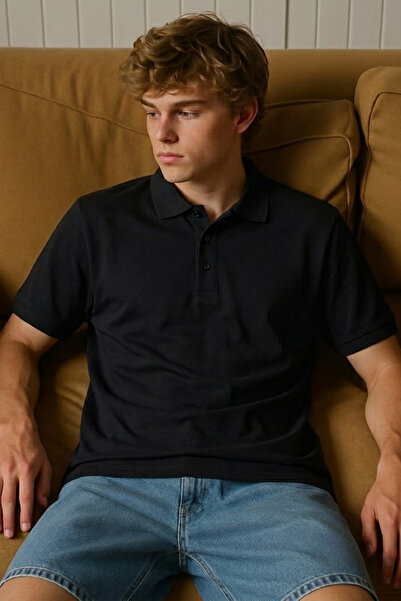 MATERIAL Ανδρικό κοντομάνικο βαμβακερό μπλουζάκι με λαιμόκοψη πόλο σε μαύρο χ...