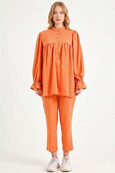 Fulla Moda Fullamodest Half Buttoned Wrinkled Fabric 2-Piece Set