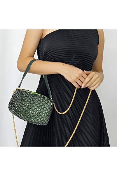velve Τσάντα πλικ, Λαμπερή με στρας από ημιπολύτιμες πέτρες, Πράσινο