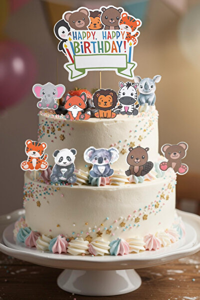 Charmira Store Hayvan Figürlü Cupcake Pasta Süsü 10+1 Adet Happy Birthday Pas...