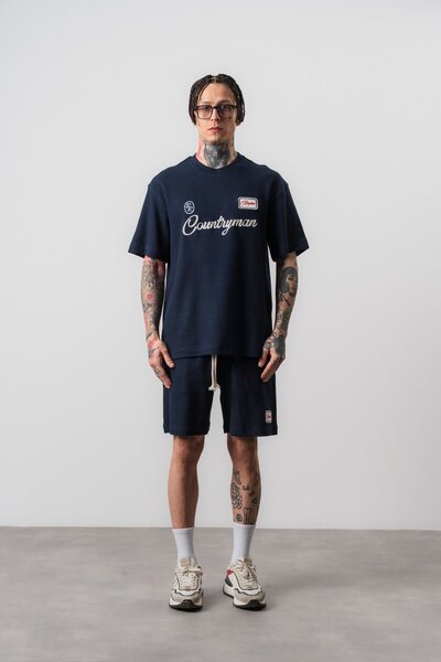 Respire طقم شورت تي شيرت رجالي مطرز بقصة عادية من كونتري مان باللون الأزرق ال...