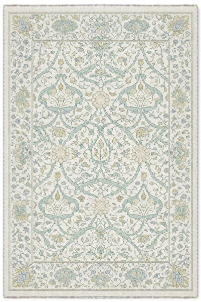 Pastel Home Vintage Mint Yeşili Bej Şönil Halı Kilim Yolluk Kaymaz Yıkanabili...
