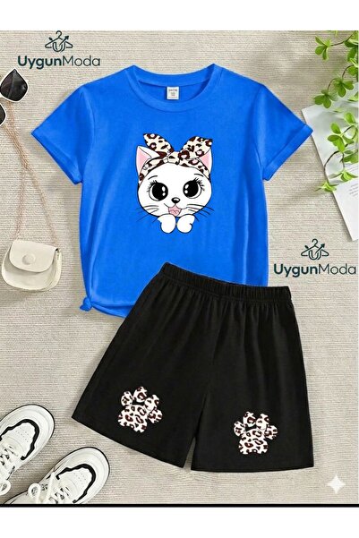UygunModa BİR KEDİ İKİ PATİ BASKILI T-SHİRT ŞORT YAZLIK ALT-ÜST ÇOCUK TAKIMI