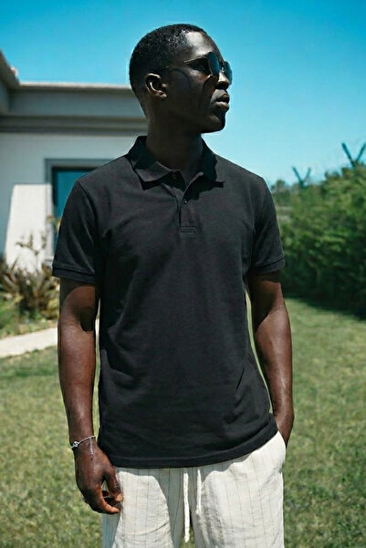 MATERIAL Ανδρικό βαμβακερό μπλουζάκι Comfort με μαύρο γιακά πόλο