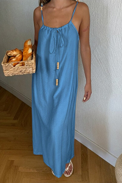 Nana & Mayka Moda Women's Blue Halter Neck Seersucker Maxi Lace-Up Long Slim ...