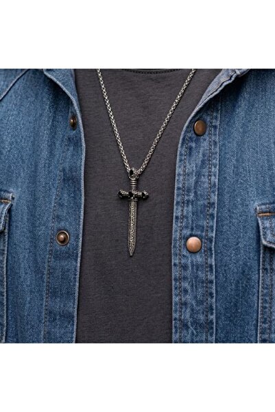 PİGADO 316L Stainless Steel Black Stone Sword Men's Necklace 60 cm
