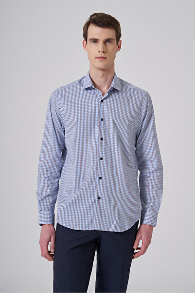 Morven Мъжка риза А. СИНЬО от памук, с динамична кройка и пълна италианска яка