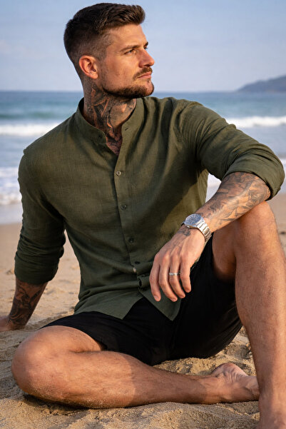 Tarz Cool Men's Regular Fit Lapel Collar Linen Look Shirt