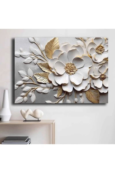 OEM Tablou decorativ Re-Bloom, model floral, pânză/lemn, alb/gri/auriu, 70 x ...