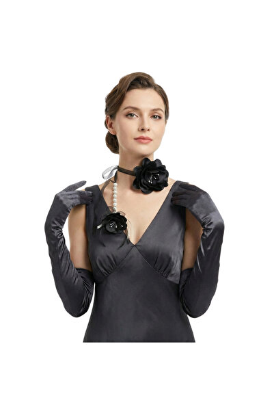 OEM Asymmetric Black Necklace with Textile Flowers and White Pearls, Black-Tr...