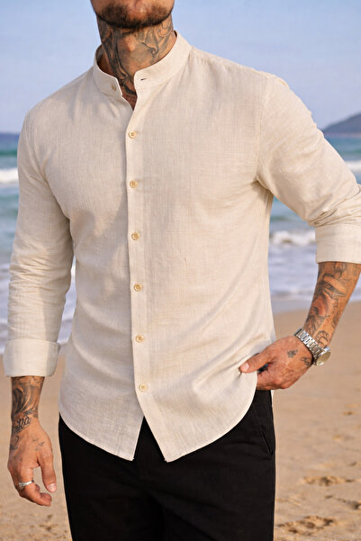 COOL TARZ Men's Regular Fit Lapel Collar Linen Look Shirt