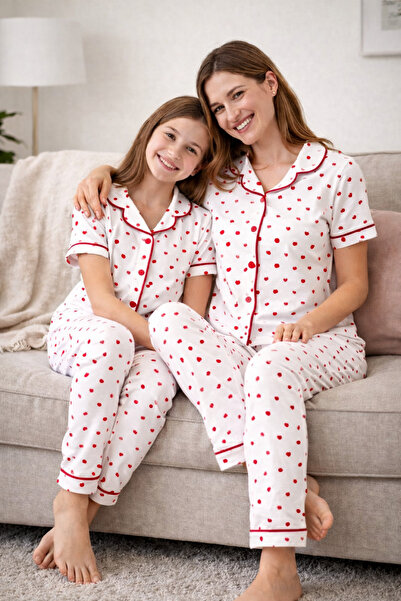 Beniizle Σετ πιτζάμες για μαμά και κόρη, 100% βαμβακερό, με στάμπα καρδιάς