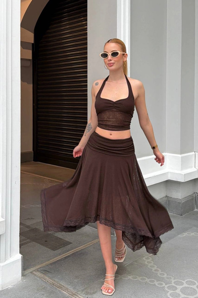 Lusin Women's Brown Halter Neck Crop Blouse Lined Skirt Two-Piece Set