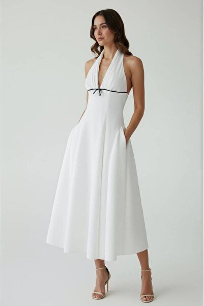 DARBEST White Midi Dress with Halter Neck, White Dress with Black Bow, Classi...